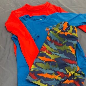 Lands End, Boys(6) Bright Blue & Red Rash Guard Set with Shark Print Swim Shorts